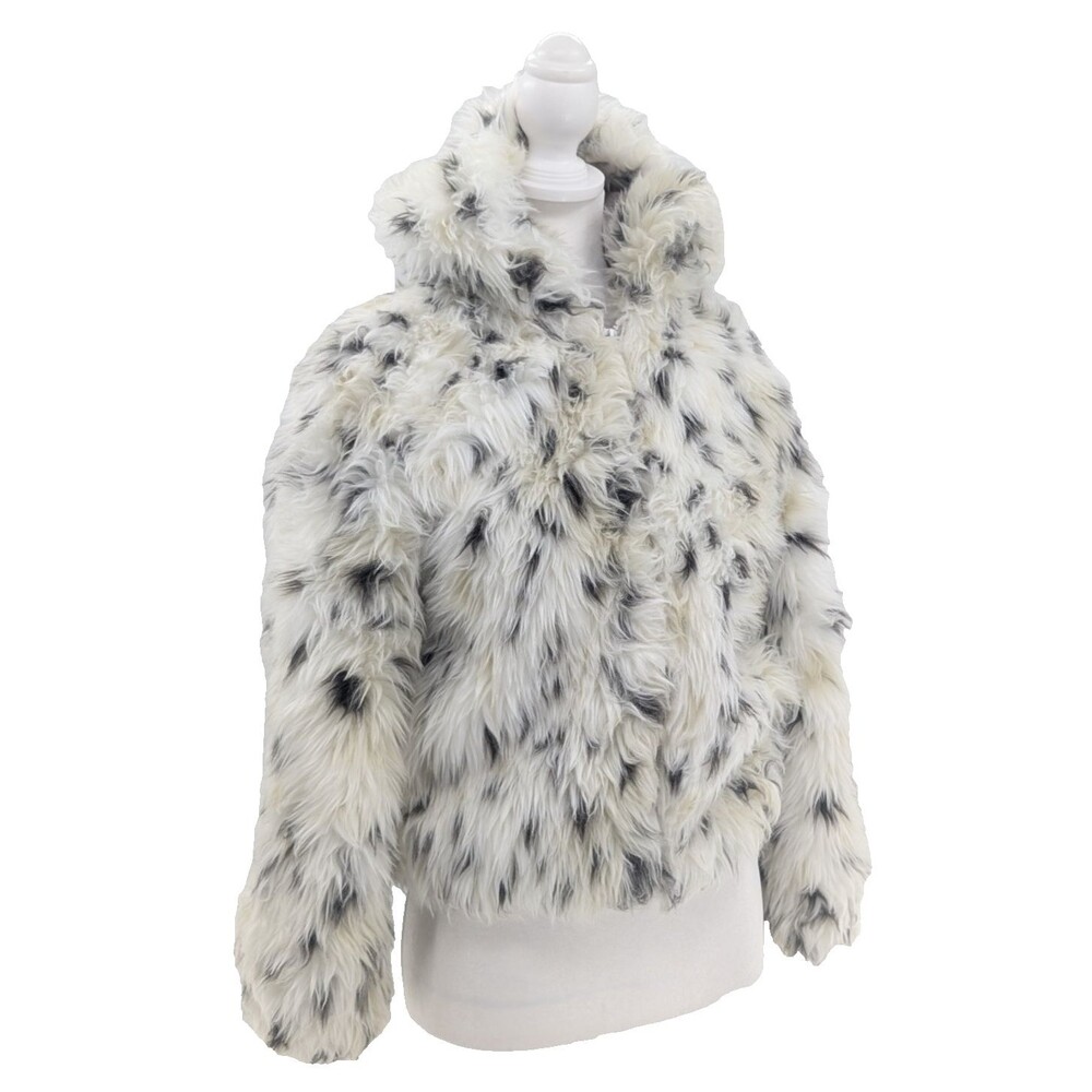 Donna Salyers Fabulous Furs White Faux Fur Leopard Hooded Full Zip Coat Size L